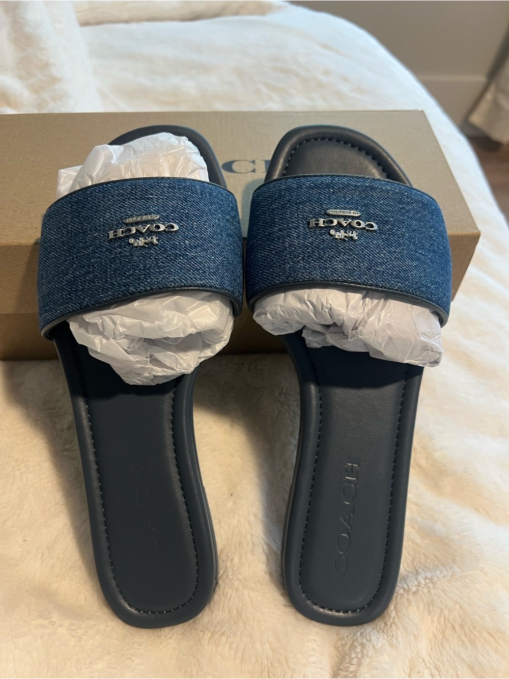Coach Denim Slide Sandals in Dark Blue